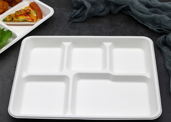 Utensílios de mesa biodegradáveis descartáveis do bagaço da escola 6 5 bandeja do almoço de 3 compartimentos