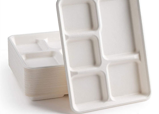 Utensílios de mesa biodegradáveis descartáveis do bagaço da escola 6 5 bandeja do almoço de 3 compartimentos