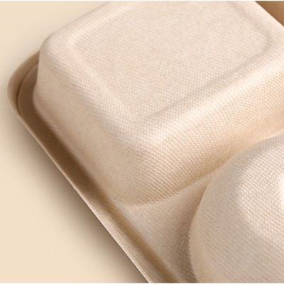 As bandejas biodegradáveis retangulares descartáveis do bagaço da cana-de-açúcar levam embora bandejas com tampas
