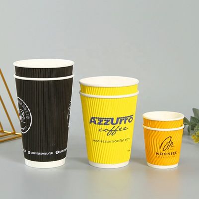 os copos de papel descartáveis de 4oz 120ml 8oz 250ml amarelam copos de café com a parede da ondinha da tampa